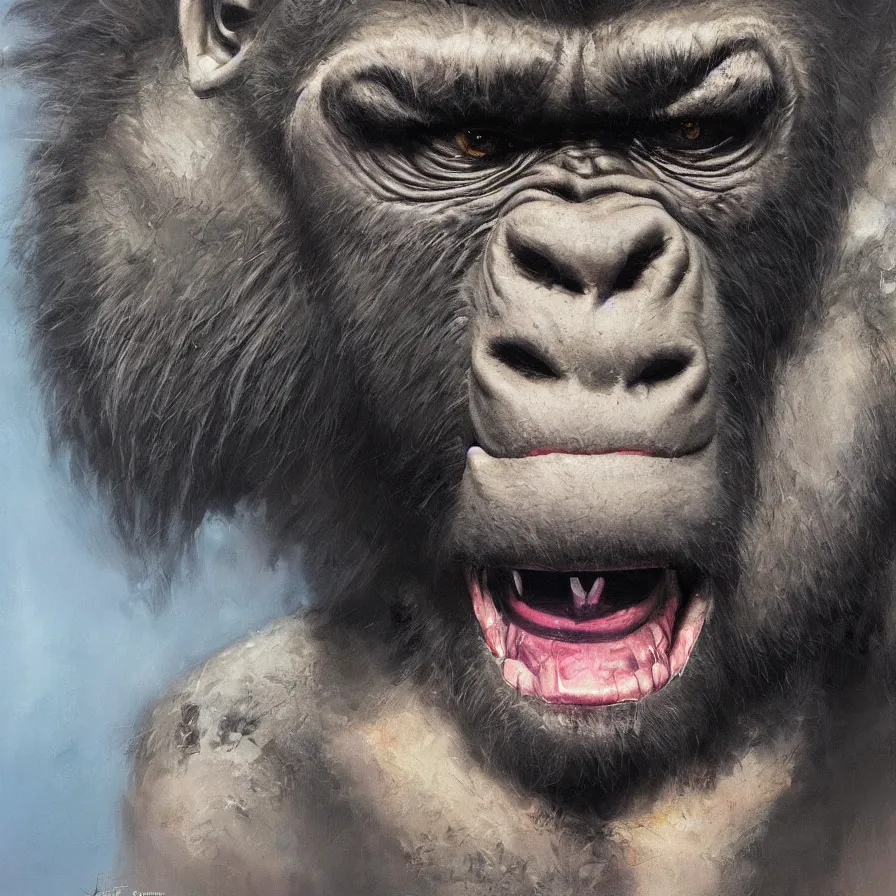 Image similar to portrait of Post Malone as a gorilla, concept art oil painting by Jama Jurabaev and John Berkey, extremely detailed, brush hard, artstation