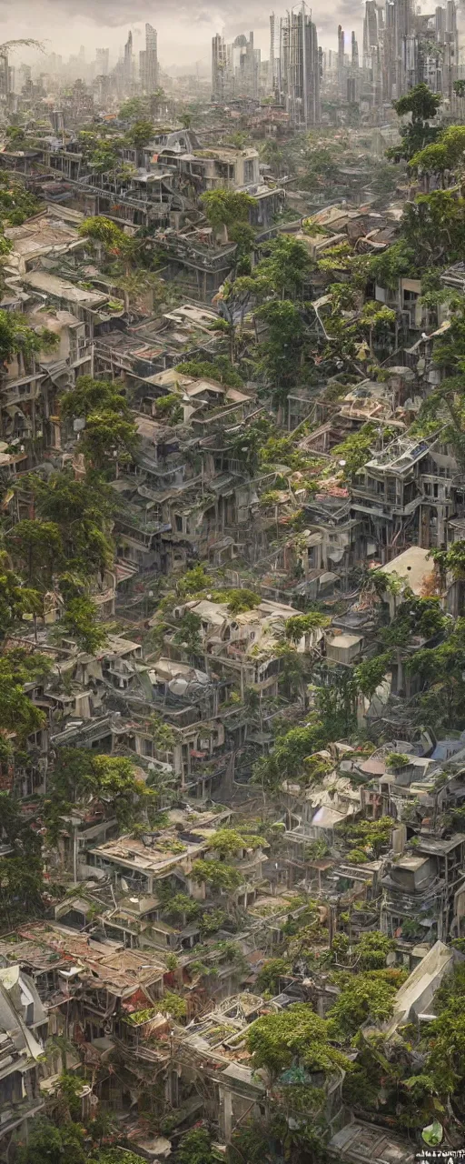 Prompt: a sprawling city landscape in an abandoned east asian country, vines and weeds growing from the apartment buildings, plants sprouting from the concrete, intricate, elegant, highly detailed, digital painting, artstation, concept art, smooth, sharp focus, illustration, art by artgerm and greg rutkowski and alphonse mucha