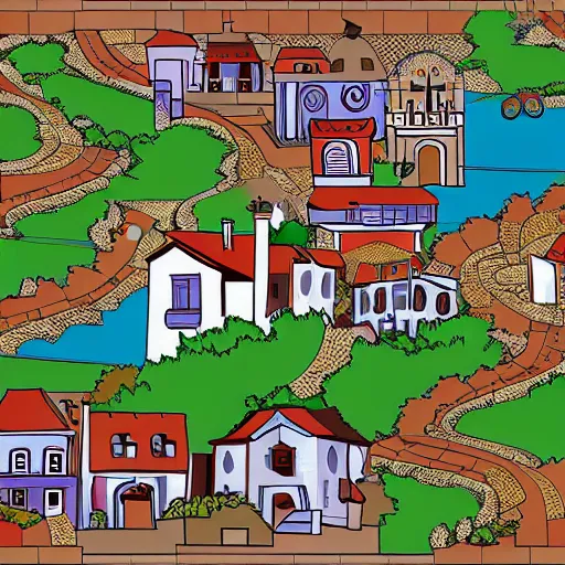 Image similar to A Spanish village. Vector design, Tileable horizontally, Symetric.