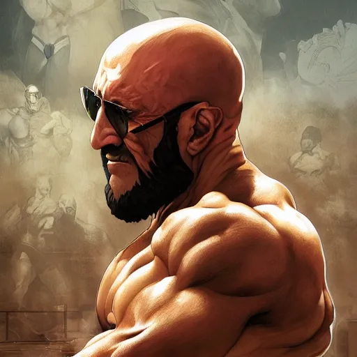 Image similar to mike ehrmantraut as sagat street fighter, portrait, 4 k, ultra realistic, detailed focused art by artgerm and greg rutkowski and alphonse mucha