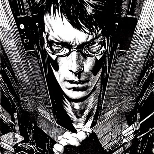 Image similar to cyberpunk portrait, by bernie wrightson, etching, screen print, sharp,