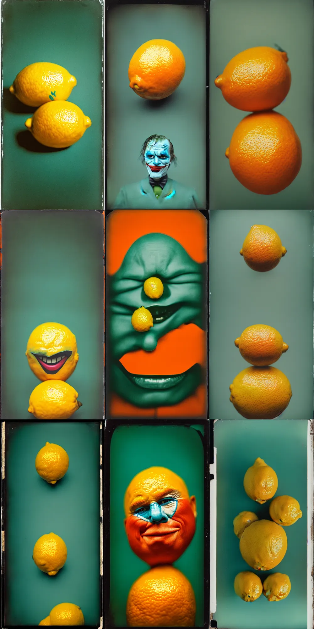 Image similar to kodak portra 4 0 0, wetplate, 8 k, shot of a highly detailed, britt marling style, colour still - life portrait of a lemon looks like 1 9 9 9 joker, teal and orange, muted coloures