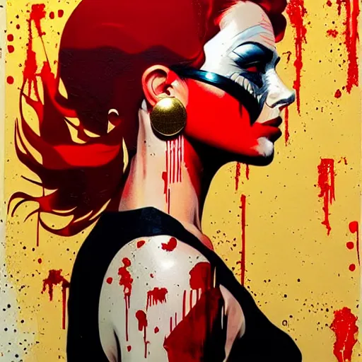 Image similar to portrait of red woman :: side profile :: in ocean :: guns and bullets :: metallic details :: gold :: blood and horror :: by marvel and Sandra Chevrier