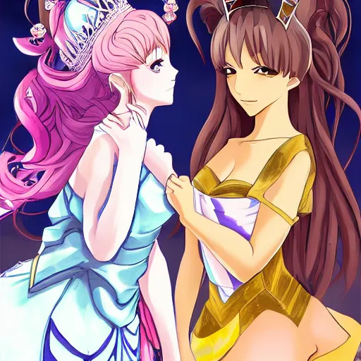 Prompt: two beautiful queens facing each other over a thrown, detailed anime art