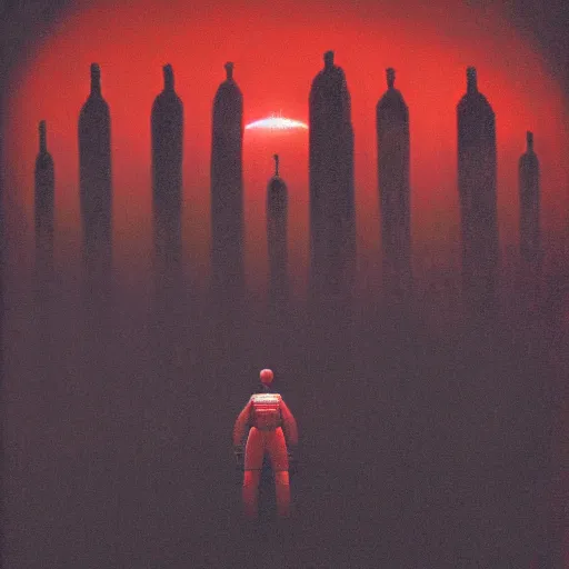 Image similar to astronaut standing in front of a big eerie hell cathedral on a destroyed planet, Zdzisław Beksiński style, black and red background, occult, photo realistic, dark atmosphere