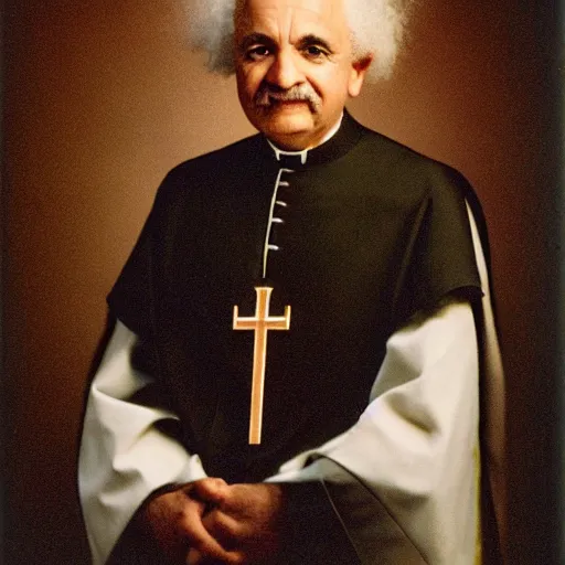 Prompt: priest einstein portrait