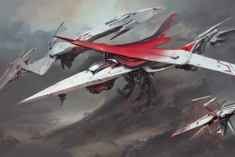 Image similar to a pteranodon mecha interceptor, white john berkey armor panels, wine-red and grey trim, skull insignia, robotech styling with Kanji markings, boeing concept art painting, cinematic lighting, amazing lifelike cinematic photo render