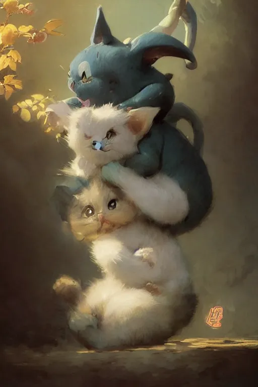 Prompt: a very cute character baby creature from dragon ball and kawai cat, beautiful painting by louis remy mignot, greg rutkowski, ilya repin, nice lighting, smooth tiny details, soft and clear shadows, low contrast, perfect