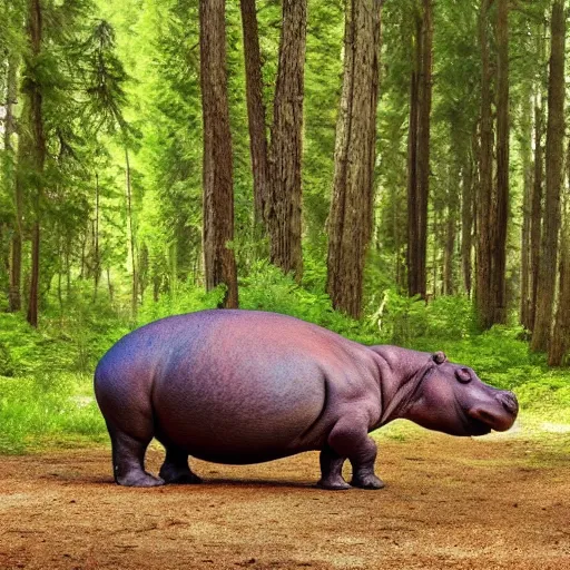 Prompt: a happy hippopotamus in a forest of cedar trees, realistic, photograph, high quality