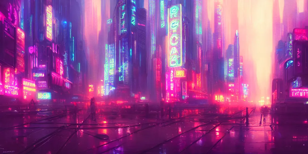 Image similar to Chicago by Neon Light, in the style of Cyberpunk Impressionism, Krenz Cushart, Moebius, and Muchain, Prismatic, Rococo, Pearlescent, reflective, shimmering, highly detailed, masterpiece, dreamy, concept art, Cinema lighting, 8k, trending on artstation