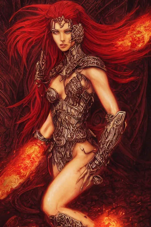 Prompt: portrait of a stunningly beautiful armoured red headed ifrit genie - kin paladin, female, upper body, fantasy, intricate, elegant, highly detailed, digital painting, artstation, concept art, sharp focus, illustration, art by luis royo, wayne barlowe, kirsi salonen, asya yoranova and alan lee