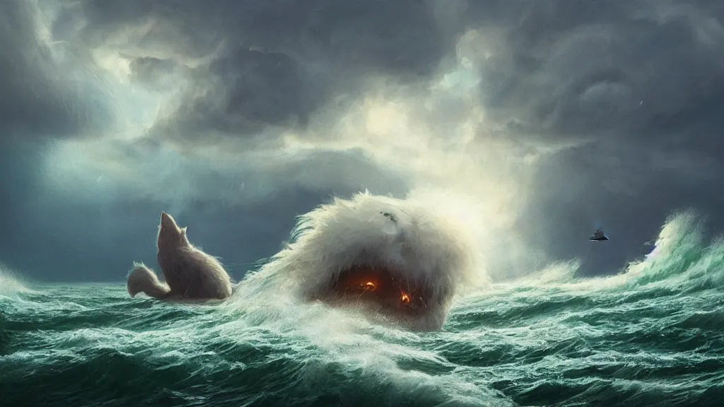 Image similar to a gigantic cat bursting out of a stormy sea attacking a small sail boat, wet fur, giant waves, sunbeams in background, intricate, detailed, volumetric lighting, sharp focus, scenery, photorealism, digital painting, highly detailed, concept art, by roger dean and simon stalenhag and mark brooks