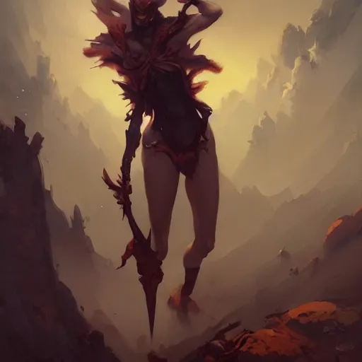 Image similar to dark fantasy full body portrait, by peter mohrbacher, james jean, wlop, greg rutkowski, detailed - face!!!, rule of thirds, dynamic pose, action pose, beautiful landscape