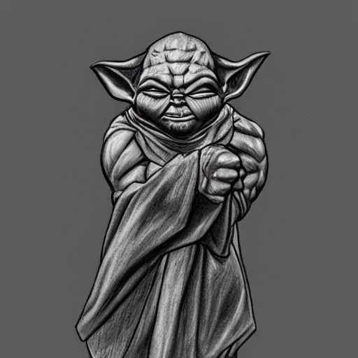 Image similar to full body black and white pencil sketch of a muscular Yoda