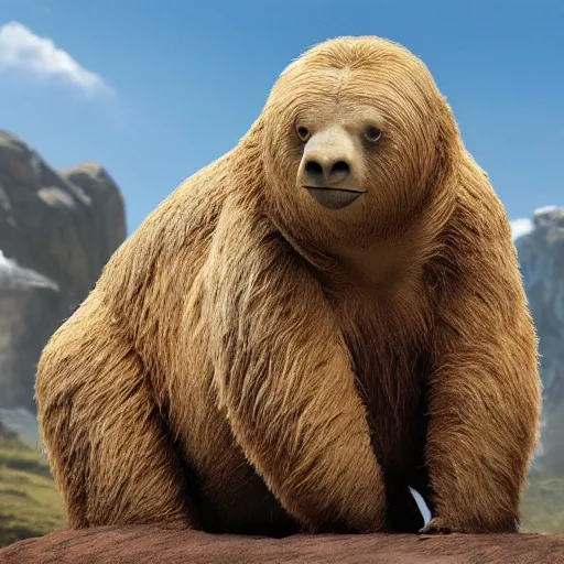 Image similar to a ground sloth in all five films who is dull - witted, talkative, friendly, carefree, naive, accident - prone, patient and funny with a caring nature, and is voiced with a lateral lisp, disney, sid, ice age, movie