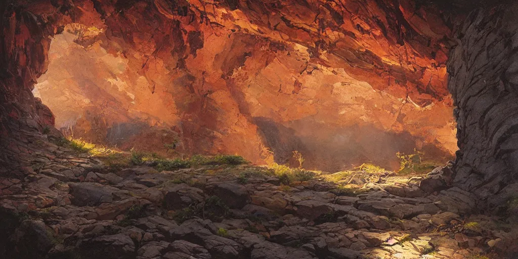 Image similar to painting of majestic rocky wall in a dark cave with rocky ground, art by james gurney and greg rutkowski, vivid colors