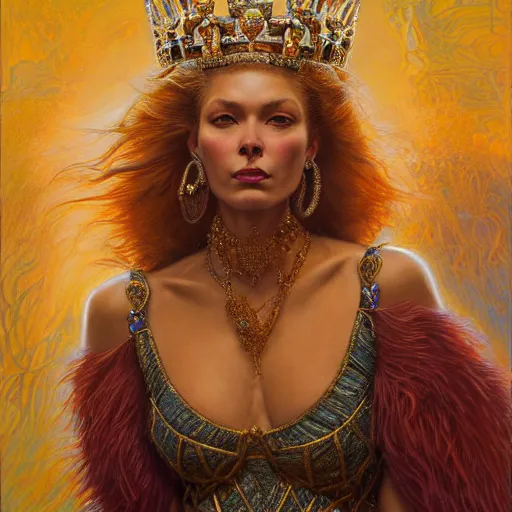 Image similar to highly detailed portrait of a majestic lioness queen in the form of a beautiful woman. d & d. art by donato giancola, jon whitcomb, ruan jia, alberto vargas. trending on artstation, intricate details, energetic composition, golden ratio, concept art, illustration, elegant art, global illuminaition