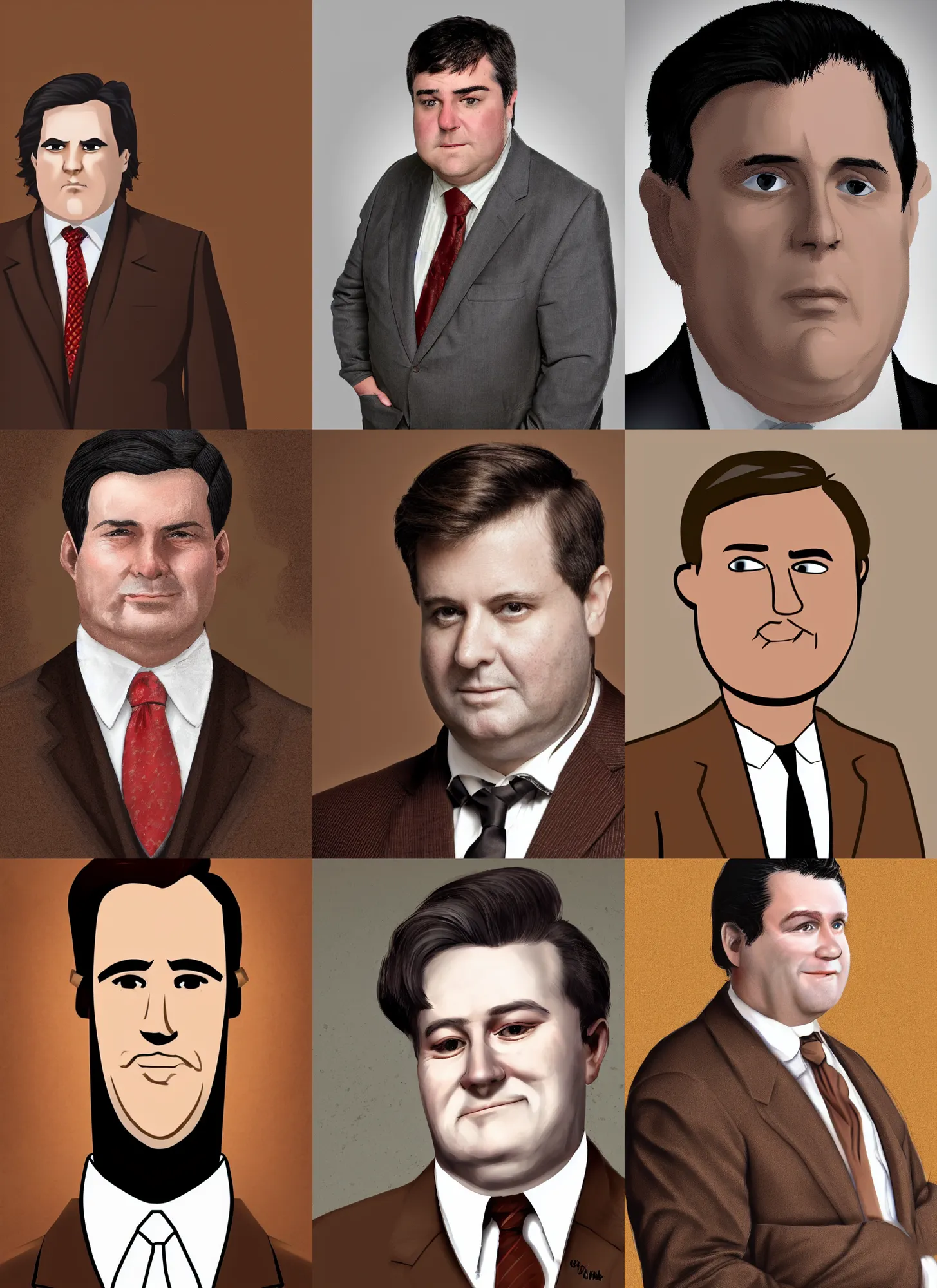 Prompt: character portrait of a chubby clean shaven middle aged man in a brown suit with short black hair, digital art