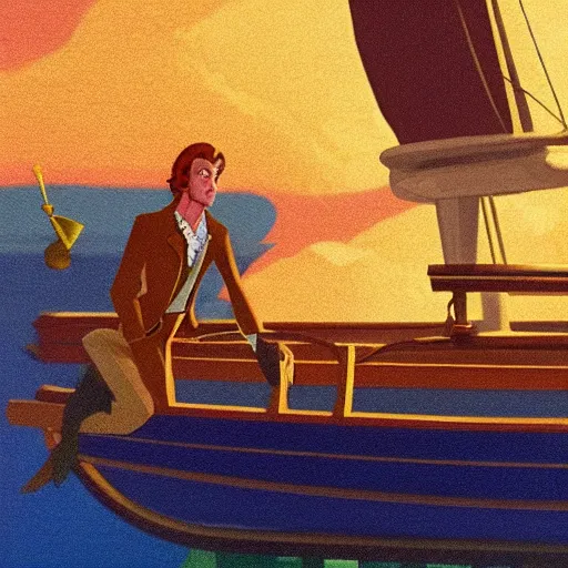 Prompt: Guybrush Threepwood from Monkey Island, golden hour, artstation, in the style of Art Deco and Edward Hopper and Bosch, extremely detailed