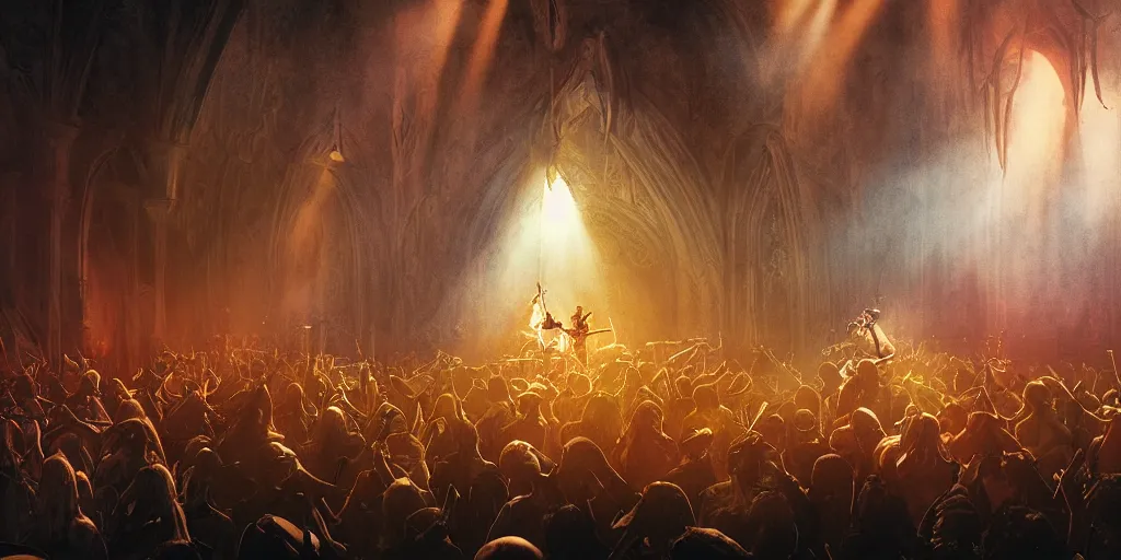 Image similar to ambience, atmosphere, sunbeams, concept art, sauron plays guitar at a rock concert to a crowd of orcs, lord of the rings, peter jackson, studio ghibli, detailed, realistic lighting, volumetric lighting, golden hour,