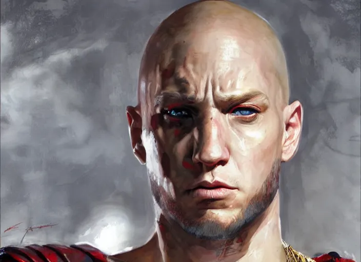 Image similar to a highly detailed beautiful portrait of eminem as kratos, by gregory manchess, james gurney, james jean