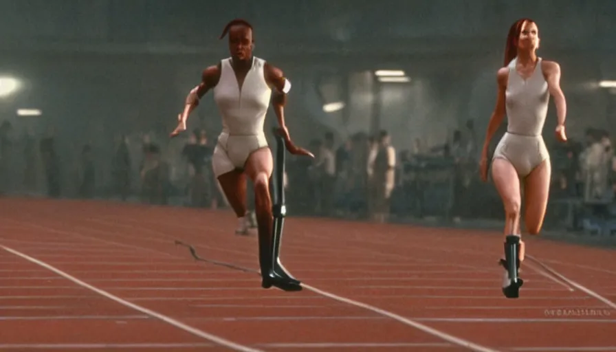 Prompt: The matrix, LeeLoo, Starship Troopers, Olivia Pope, 1960's Olympics footage, hurdlers in a race with robotic legs, intense moment, cinematic stillframe, backlit, The fifth element, vintage robotics, formula 1, starring Geena Davis, clean lighting