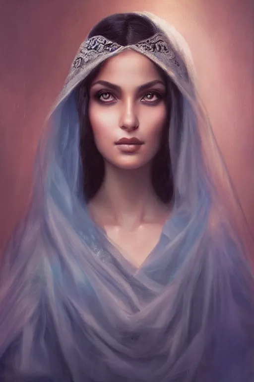 Prompt: modern tanned Ameera al-Taweel, bright blue eyes, wavy black hair, white veil, closeup, focus face, elegant, highly detailed, centered, oil painting, artstation, concept art by tom bagshaw