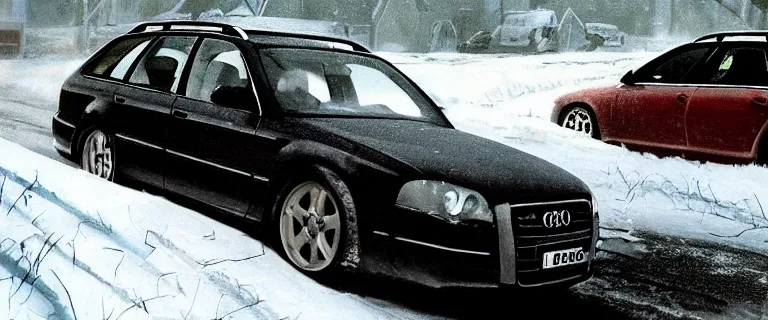 Prompt: Audi A4 B6 Avant (2002), a gritty neo-noir, dramatic lighting, cinematic, eerie person silhouette, death, homicide, homicide in the snow, gunshots, establishing shot, extremely high detail, photorealistic, cinematic lighting, artstation, by simon stalenhag, Max Payne (PC) (2001) winter new york at night, Max Payne 2 graphic novel style, flashing lights, Poets of the Fall - Late Goodbye