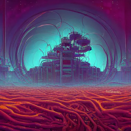 Image similar to beautiful painting of the empyrean glitched factory in a corals alien vortex in the style of Simon Stålenhag and H. R. Giger, detailed, trending on Artstation