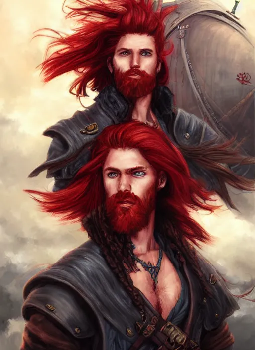 Image similar to an epic fantasy comic book style portrait painting of a long haired, red headed male sky - pirate in front of an airship in the style of eve ventrue