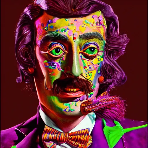 Image similar to an extremely psychedelic portrait of salvador dali as willy wonka, surreal, lsd, face, detailed, intricate, elegant, lithe, highly detailed, digital painting, artstation, concept art, smooth, sharp focus, illustration,