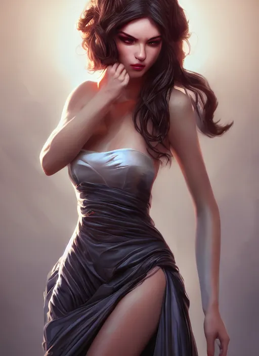 Image similar to beautiful fashion goddness, strapless dress, character portrait in the style of thomas river and artgerm, wlop, cinematic lighting, hyperdetailed, 8 k realistic, symmetrical, global illumination, radiant light, halo, love and mercy, frostbite 3 engine, cryengine, dof, trending on artstation, digital art, chanel