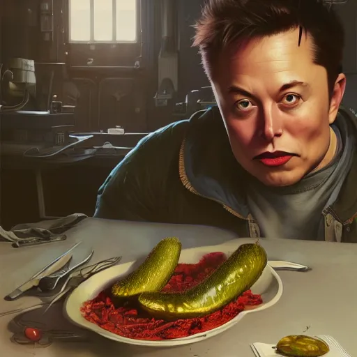 Image similar to elon musk eating a pickle, highly detailed vfx portrait, unreal engine, greg rutkowski, loish, rhads, caspar david friedrich, makoto shinkai and lois van baarle, ilya kuvshinov, rossdraws, elegent, tom bagshaw, alphonse mucha, global illumination, detailed and intricate environment.