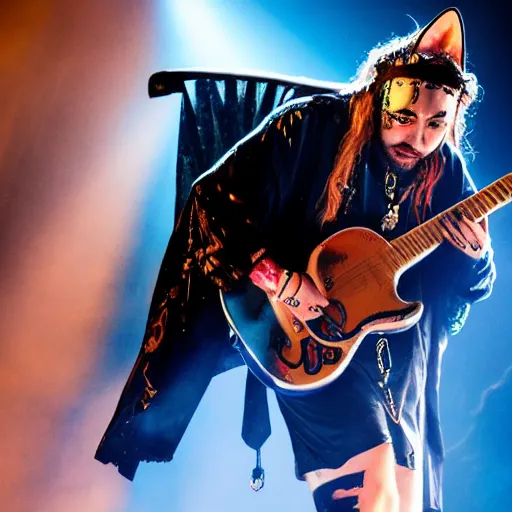 Image similar to post Malone dressing up as a cat girl, photograph on stage