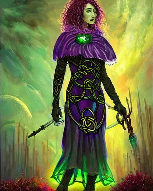 Prompt: celtic scifi druid of the highlands, wearing a lovely dress with cyberpunk details. this oil painting by the beloved children's book author has an interesting color scheme and impeccable lighting.