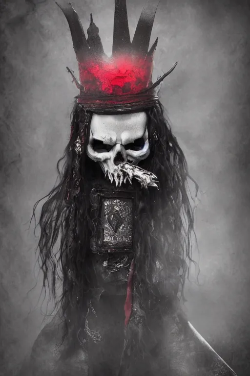 Prompt: the ghost - spirit of the grim - hatter wears the scarlet skull armor and blood crown, midnight fog - mist!, cinematic lighting, various refining methods, micro macro autofocus, ultra definition, award winning photo