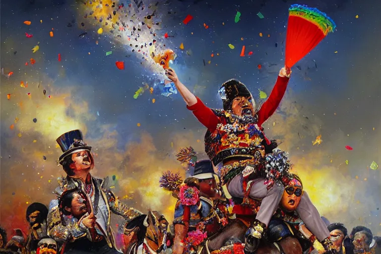 Image similar to portrait of rip taylor throwing confetti during a mexican funeral parade, an oil painting by ross tran and thomas kincade