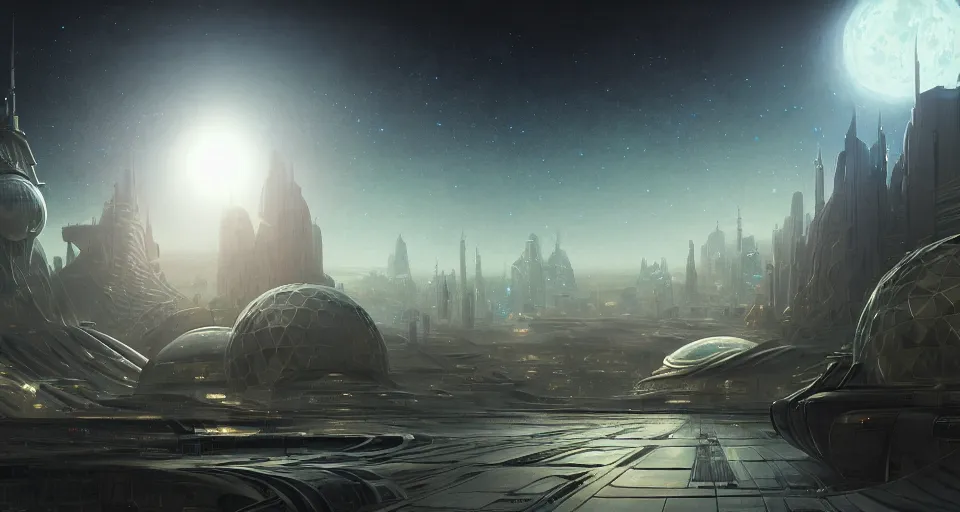 Image similar to cinematic shot, futuristic city on the moon inside a giant geodesic dome, utopian, night, stars, digital painting, artstation, concept art, smooth, sharp focus, illustration, intricate, elegant, highly detailed, in the style of greg rutkowski and alphonse mucha and artemisia, 8 k, highly detailed, jurgens, rutkowski