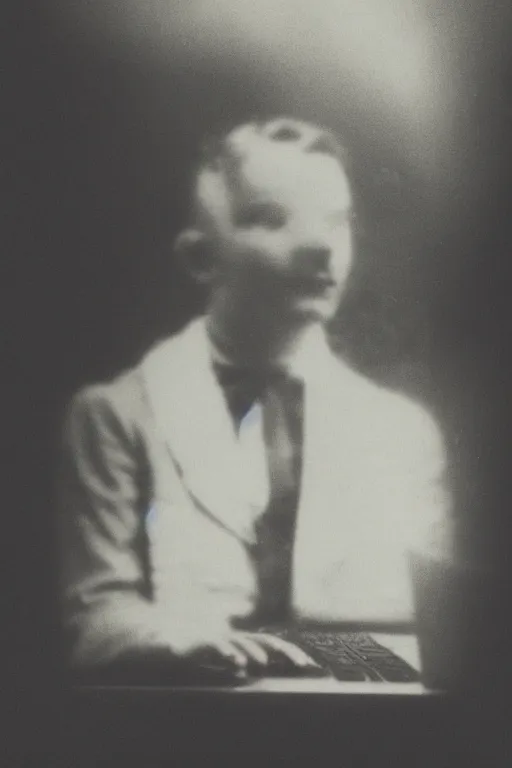 Image similar to 1 9 0 0 s photo of a person on a macbook pro old photo grain double exposure masterpiece