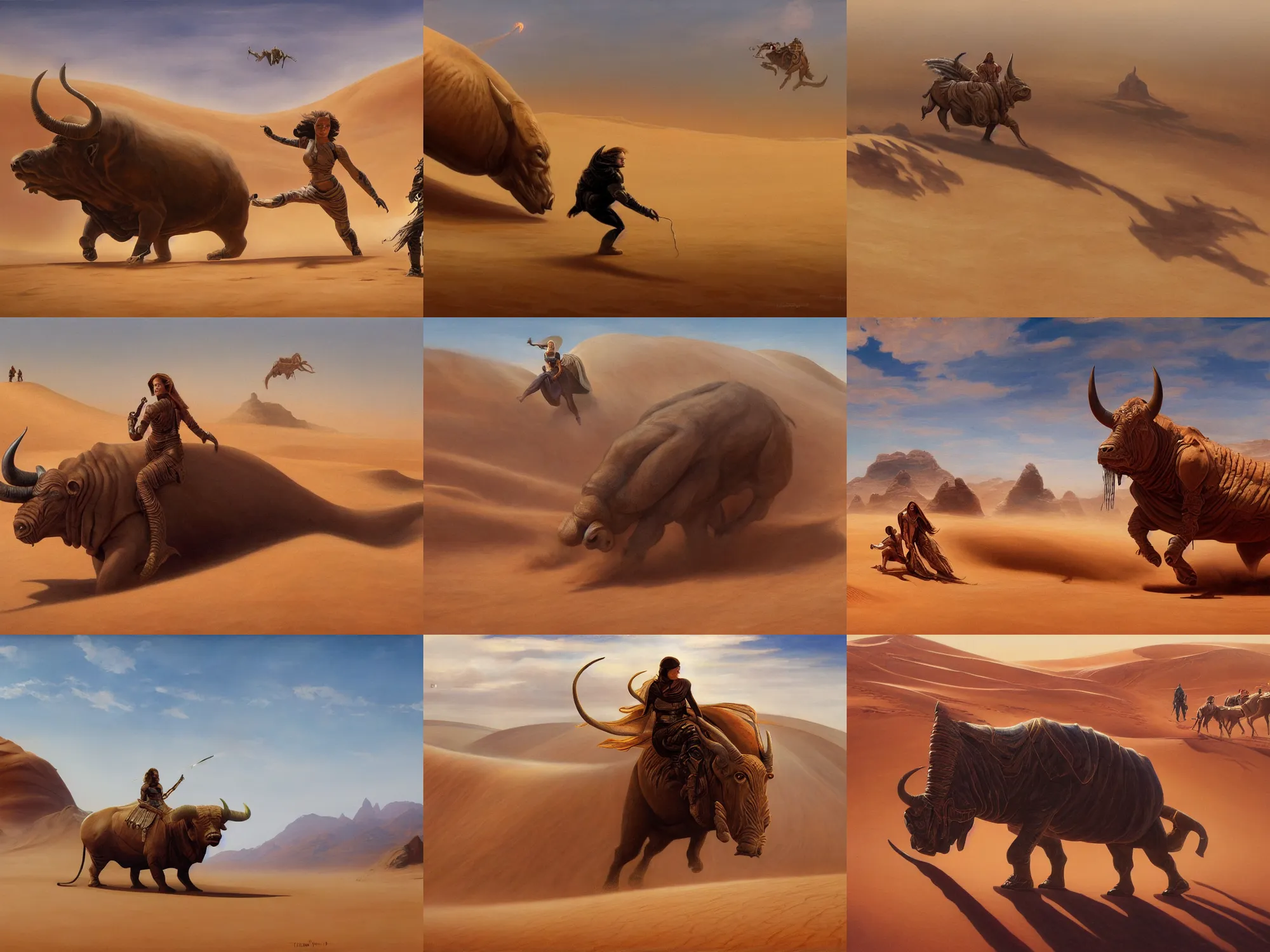 Prompt: detailed painting of dune movie, desert landscape, huge bull emerging from the sand, woman running away, trending on artstation, by ted nasmith