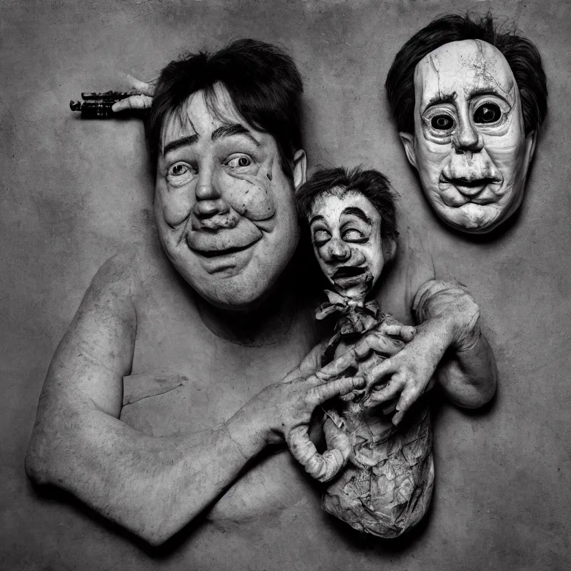 Image similar to bill hicks as a creepy ventriloquist dummy amoking in the style of roger ballen, 4 k, portrait