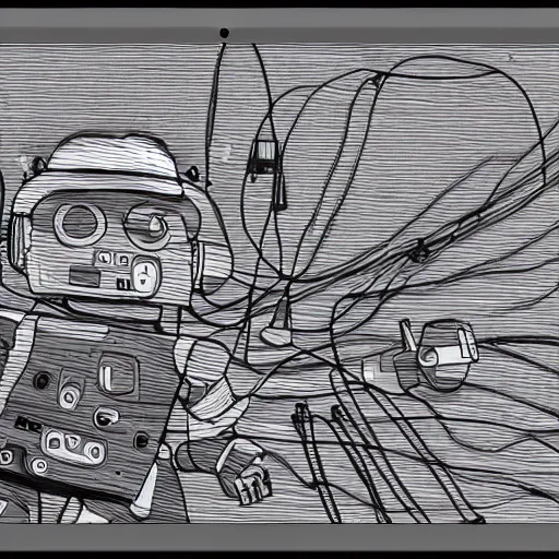 Image similar to a dream robot hooked up to hundreds of wires drawing photos alone, dim lighting, depressing, 8k photography