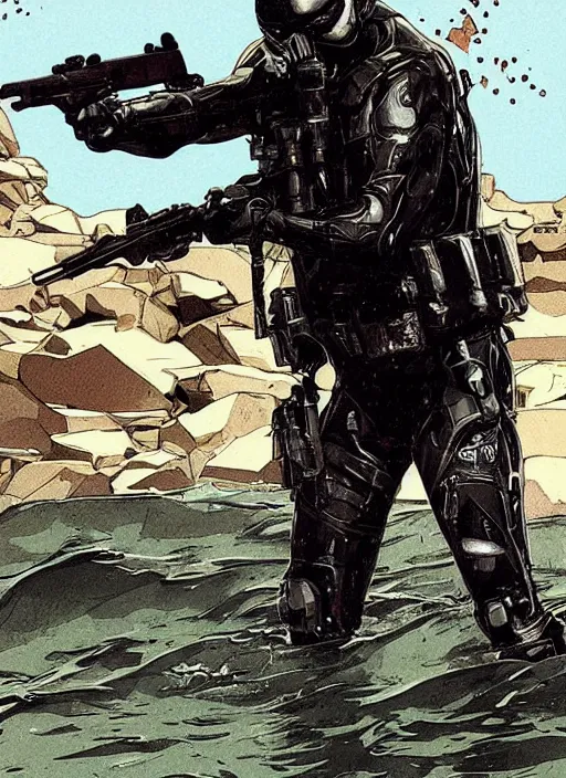 Prompt: the punisher. USN blackops operator emerging from water at the shoreline. Operator wearing Futuristic cyberpunk tactical wetsuit and looking at an abandoned shipyard. Frogtrooper. rb6s, MGS, and splinter cell Concept art by James Gurney, Alphonso Mucha. Vivid color scheme.