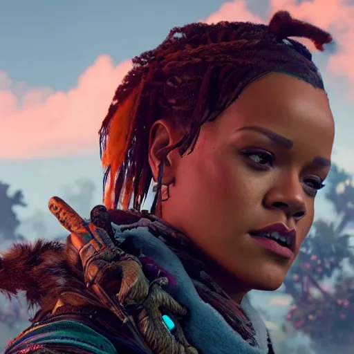 Image similar to rihanna in horizon zero dawn ( 2 0 1 7 ), 8 k wide shot