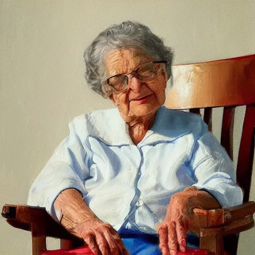 Image similar to painting in the zandinsky style of a grandmother sitting in a rocking chair, surrounded by her grandchildren, while she tells them a story, hiperrealism, artstation