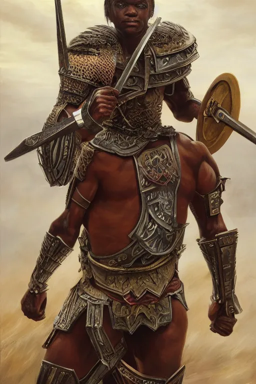 Prompt: a powerful and muscular make igbo warrior , half body portrait, blond hair, ornate armour, realistic oil painting by Thomas Cole and Wayne Barlowe and Boris Valejo