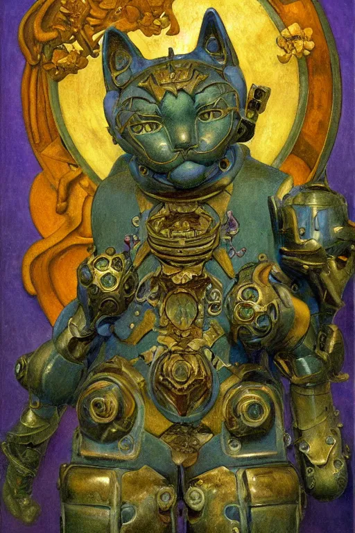 Image similar to sculpture of an ornate robot cat, by annie swynnerton and diego rivera and nicholas roerich and jean delville, symbolist, dramatic lighting, god rays, elaborate geometric ornament, art brut, colors are soft greens and blues and purple, smooth, sharp focus, extremely detailed, adolf wolfli and ( donato giancola )