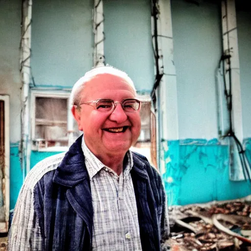 Image similar to a cheery man, on holiday at chernobyl, glowing background