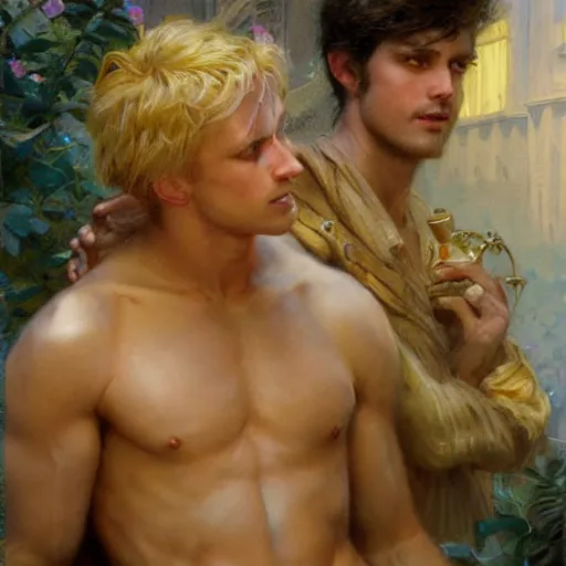 Image similar to attractive male, arthur pendragon who has blond hair confesses his love to attractive male, merlin who has dark hair. highly detailed painting by gaston bussiere, craig mullins, j. c. leyendecker 8 k