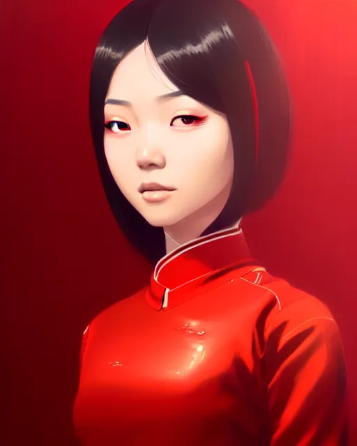 Image similar to a ultradetailed beautiful panting of a asian female wearing red ao dai and futuristic eye google, by ilya kuvshinov, greg rutkowski and makoto shinkai, trending on artstation